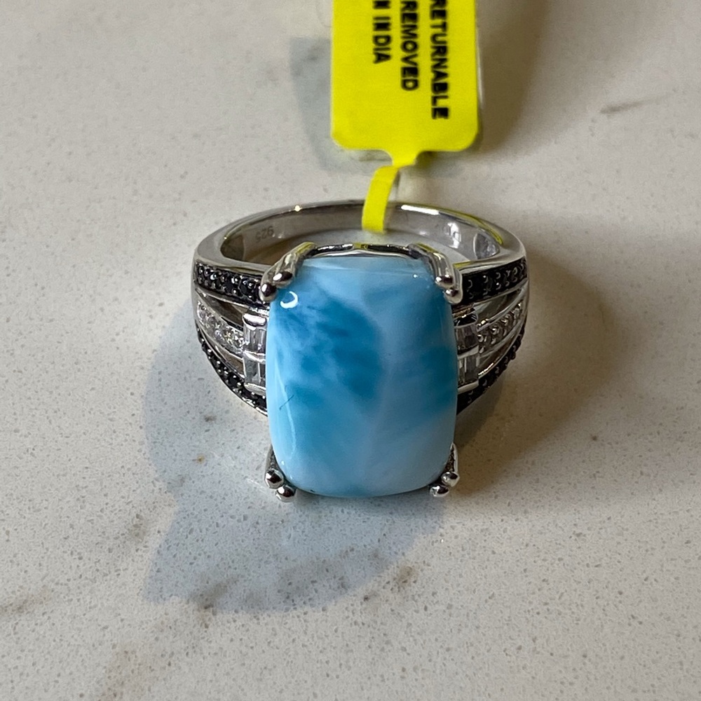 Larimar Cushion Cut Ring w/Topaz & Thai Blk Spinel